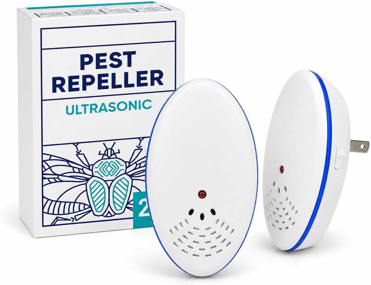Ultrasonic Pest Repeller, 2 Pack Plug-in Indoor Pest Deterrent with Electromagnetic Technology, 22–64 kHz and Controllable Blue Light for Mice, Rats, Roaches, Spiders, Bed Bugs and Flies