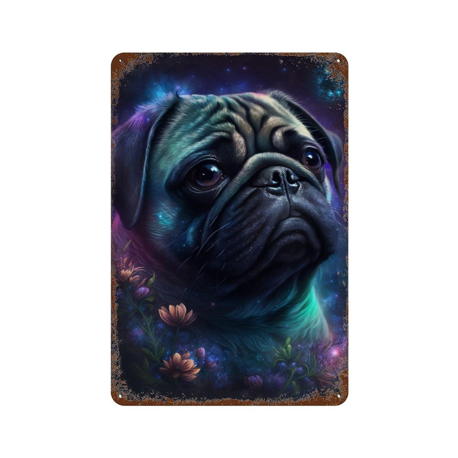 Galactic Pug with Flowers -2 Vintage Metal Tin Sign 11.8"x7.9", Farmhouse Wall Decor for Garage, Bar And Workshop Decor