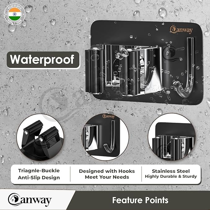 Image of CANWAY 2 Pieces (Black) Self Adhesive Heavy Duty Stainless Steel Wall Mounted Broom and Mop Stick Holder, No Drill Holders for Home, Kitchen, Garden, Laundry and Garage