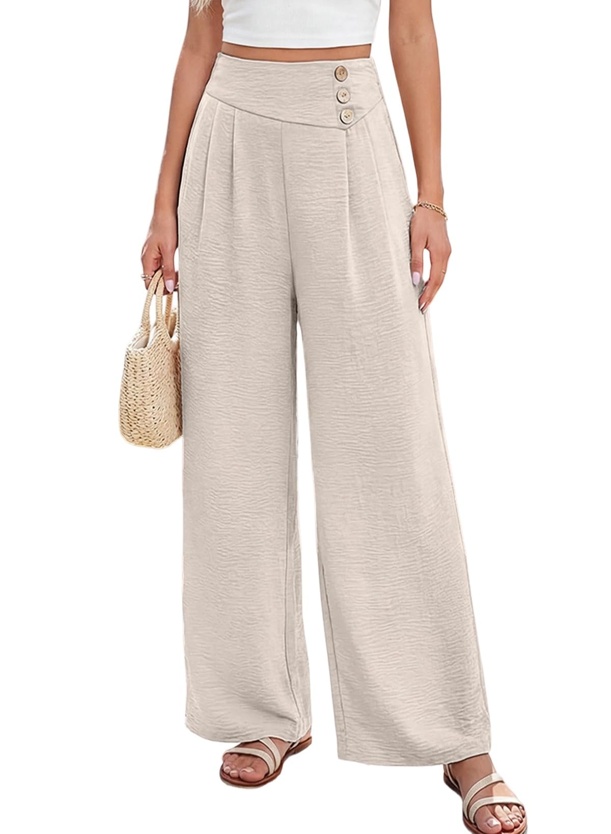 EVALESS Womens High Waisted Button Pleated Wide Leg Pants Beach Vacation Trouses