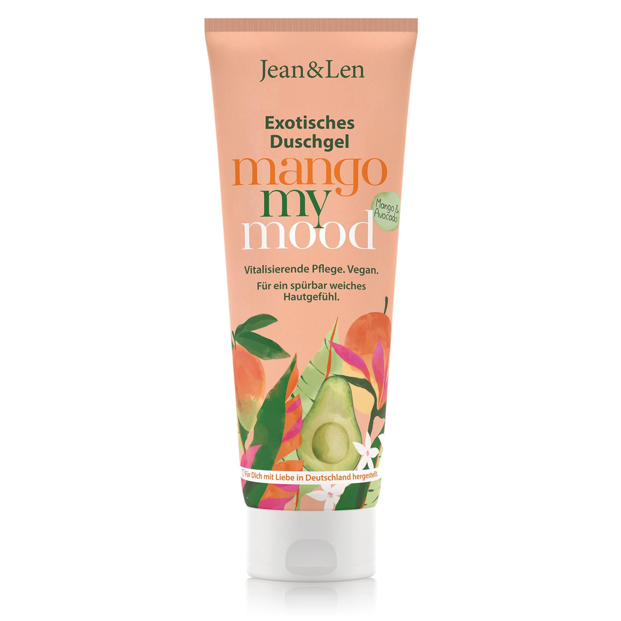 Jean & Len Exotisches Duschgel Mango & Avocado, vitalisierende Formulierung für ein spürbar geschmeidiges Hautgefühl, sanfte Hautreinigung, ohne Parabene & Silikone, vegan, Duschgel, 250 ml