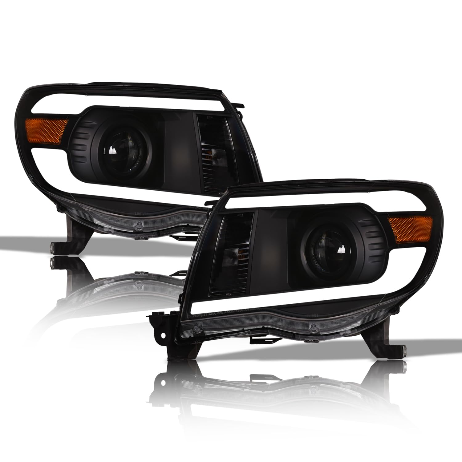 Photo 1 of Alpha Owls 8717776 Projector Headlights With White LED Light Bar - Black Amber Fits 2005-2011 Toyota Tacoma Halogen Projector LED Bar - Black