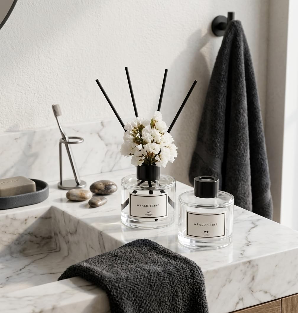 Blumen-Diffusor-Set, 3er-Set (Bambus, Salbei und Meersalz, Sandelholz-Ebenholz-Duft) für Badezimmerzubehör, Schlafzimmerregal, Dekor und Lufterfrischer, Geschenkstäbchen-Entschärfer mit 48 ml