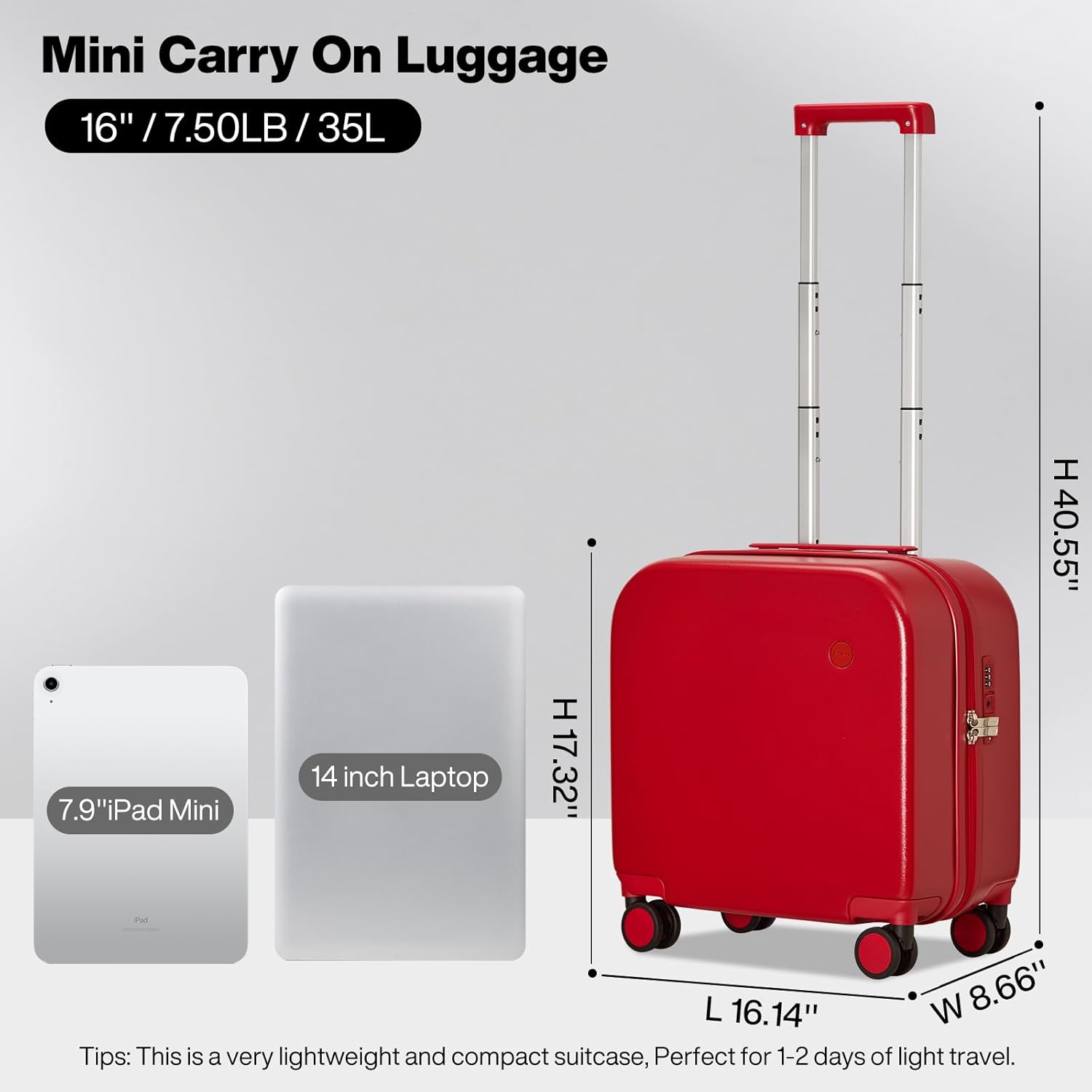 mixi Carry on Luggage, Suitcase with Spinner Wheels 16in Luggage Hardshell Lightweight Rolling Suitcases PC with Cover & TSA Lock, Red - Image 6