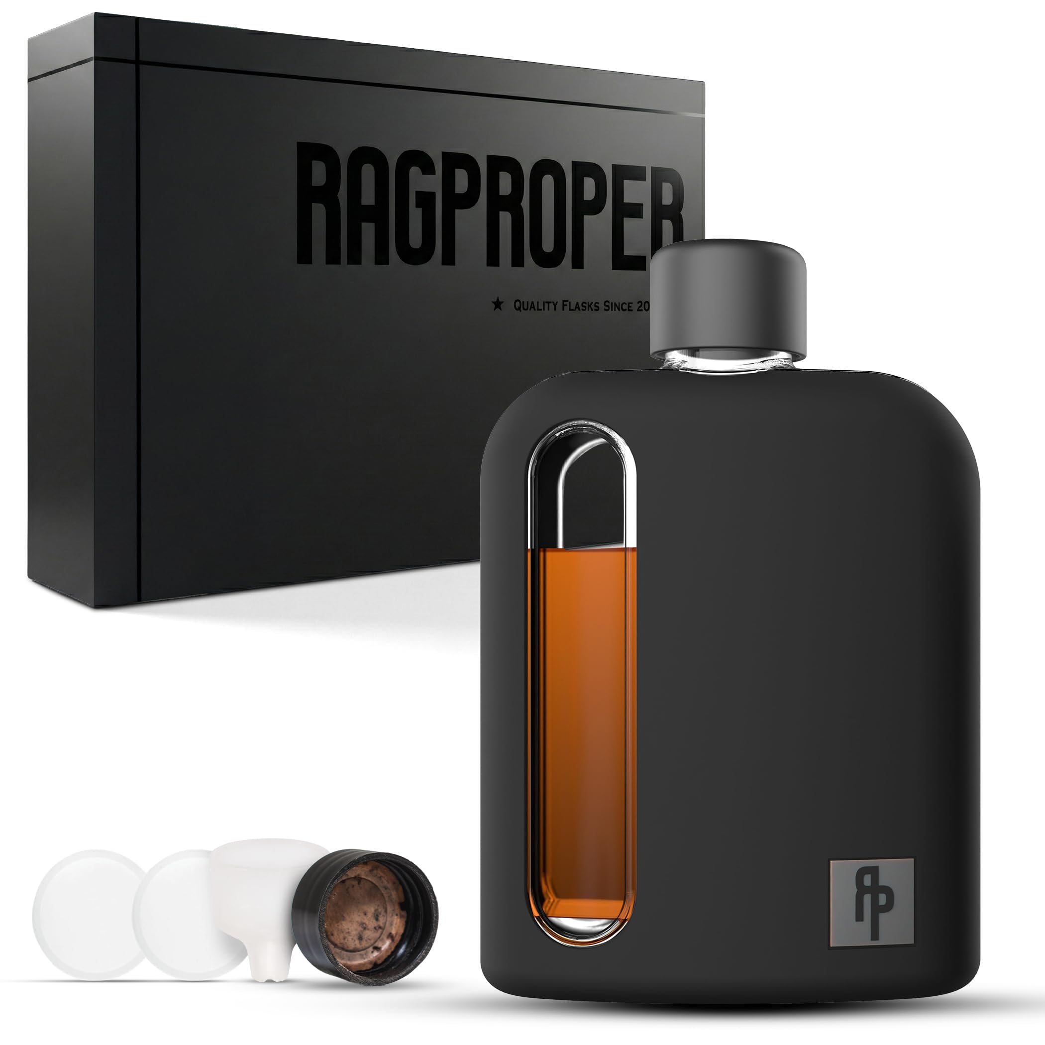 Ragproper Modern Glass Hip Flask - Durable Liquor Flask for Spirits with Cork and Silicone Lid Liners, Metal and Sneaky Plastic Lids, Smooth Pour Funnel, Silicone Sleeve, Double Shot 240ml