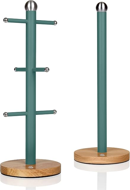 Swan Nordic Green Kitchen Accessory Set with Mug Tree and Towel Pole, Bamboo Bases, Easy Storage, Soft Matte Finish, STP1012GREN