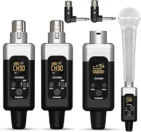 VEDO Conversor Microfone Sem Fio,48v/0V Uhf Transmissor Receptor,Alcance de 30 metros, 30 canais ajustáveis,XLR Sistema de microfone sem fio para todos os tipos de microfone