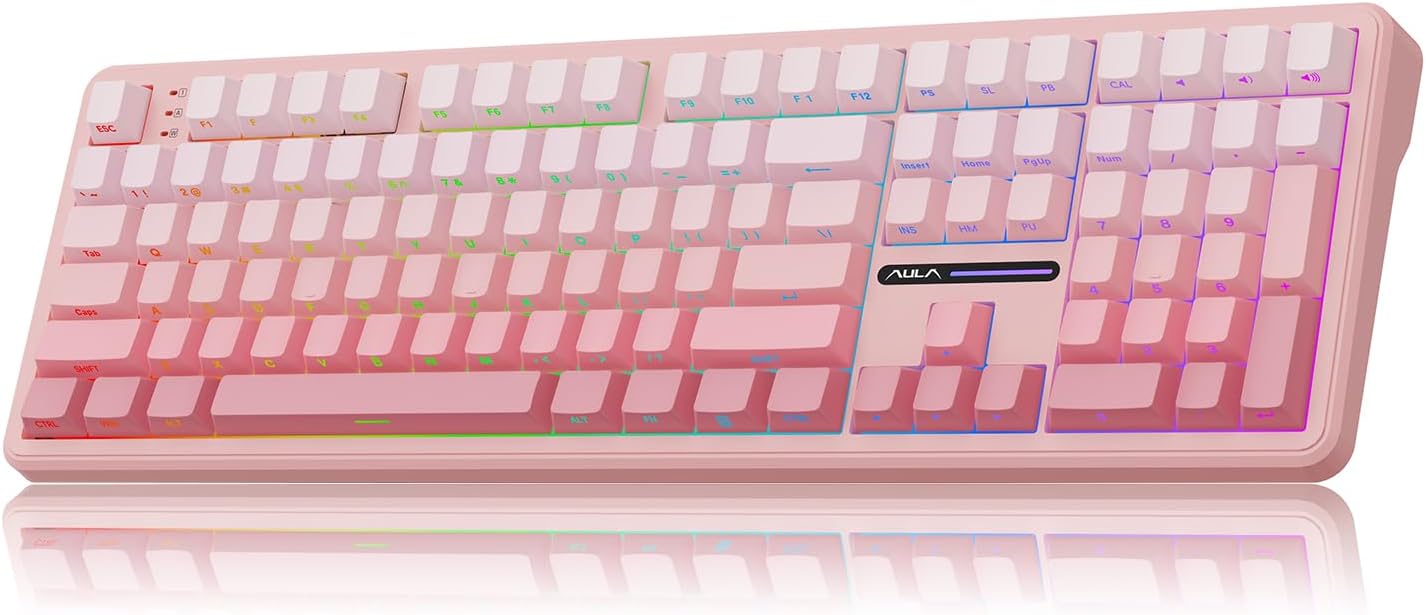 MechLands Aula F108 100% Wireless Gaming Keyboard, Full Size Custom Gasket Mechanical Keyboard, 4000mAh Battery, Programmable 108 Keys, Hot-Swappable, for Win/Mac (Pink Gradient)