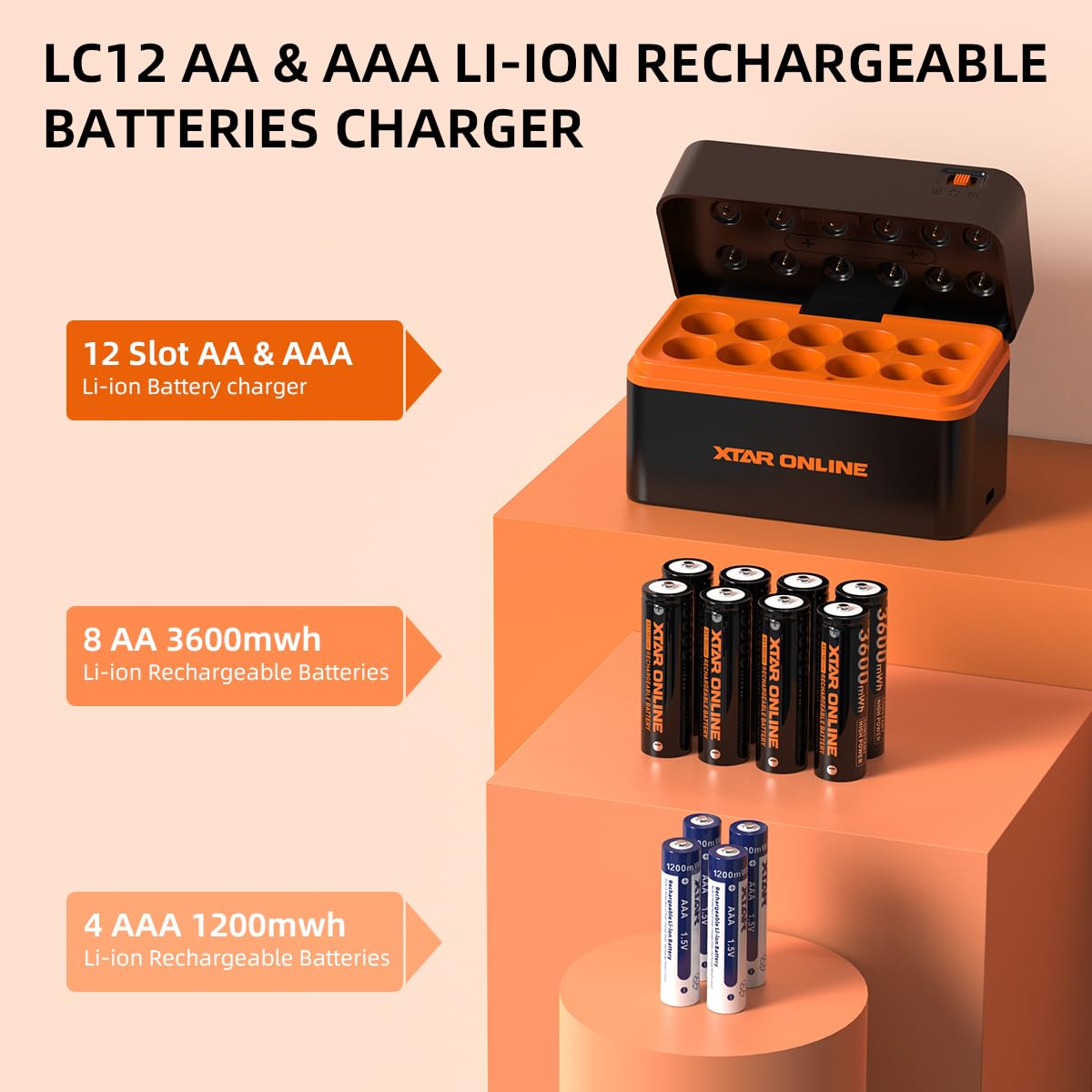 XTAR Batería de litio AA y AAA de 1,5 V con cargador LC12 | 8 pilas AA 3600 mWh + 4 pilas AAA de 1200 mWh, salida de voltaje constante, ideal para cámaras, juguetes y hogar inteligente