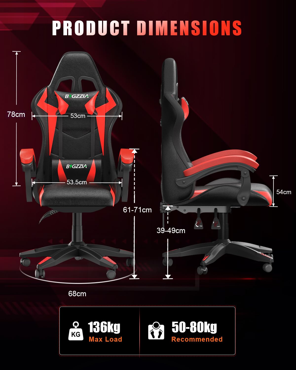 bigzzia Sedia Gaming RGB con Luci LED E Sedia Ergonomica Per Computer Per Videogiochi Reclinabile con Schienale Alto in Pelle Pu con Poggiatesta (Utilizzo di RGB, Rosso)