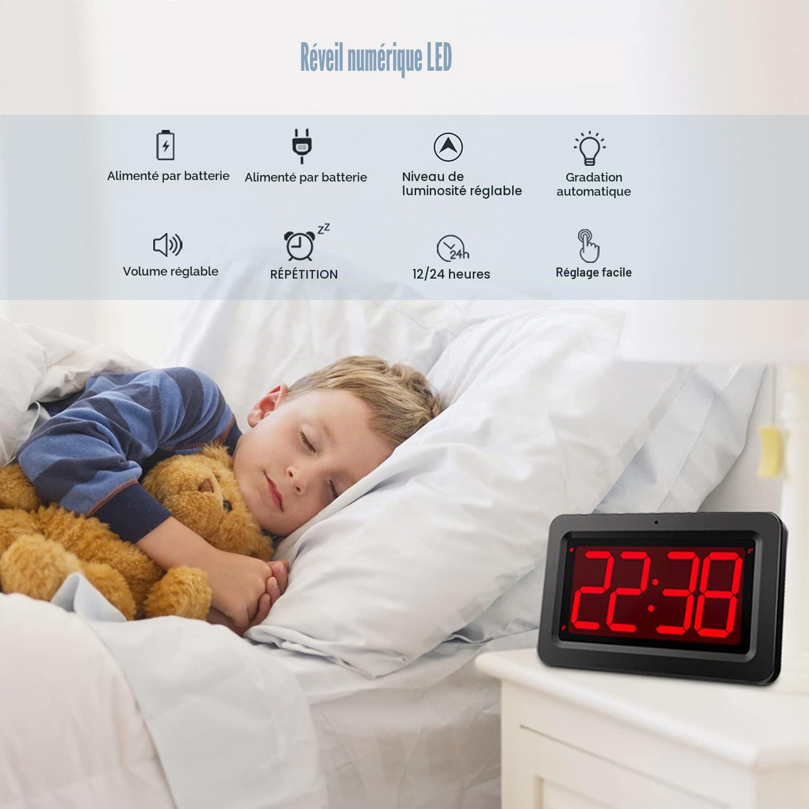 Horloge Murale LED Affichage Numérique Rouge 21,5 x 14 x 4,5 cm Alimentée par Batterie ou Adaptateur Réveil Lumineux
