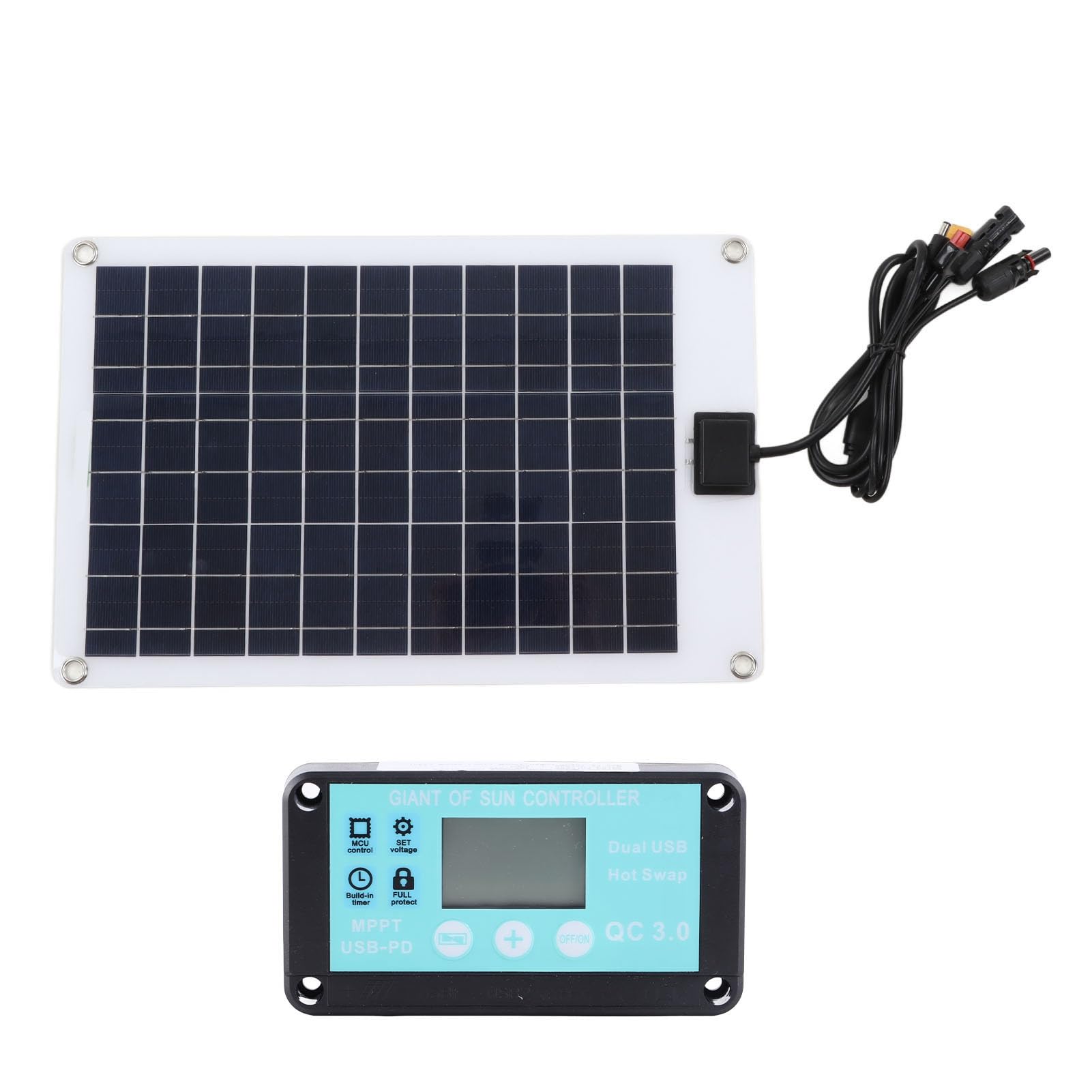 Panneau Solaire Monocristallin 50 W avec Contrôleur MPPT 100 A intégré pour Batteries 12 V – Compatible avec les Voitures, Camping-cars, Bateaux, VTT et Systèmes Hors Réseau – Connecteurs
