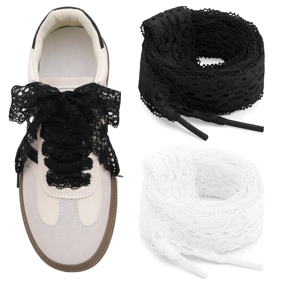 2 paia di Stringhe per Scarpe, Lacci e Stringhe Sportivi Piatti, Lacci in Pizzo, Stile Balletto, Lacci in Pizzo Elastici, Carino Stile Femminile, Lacci per Scarpe da Donna con Fiore Piatto e Pizzo - 1