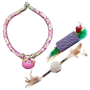 Jainsons Pet Products Cat Kitten and Collar Necklace with Interactive Toys, Sisal Cat Toys Combo for Kitten Cat Having Fun Exercise Playing/Cat Gift Pack (Combo of 3) (1 Pink Necklace-2 Toys)