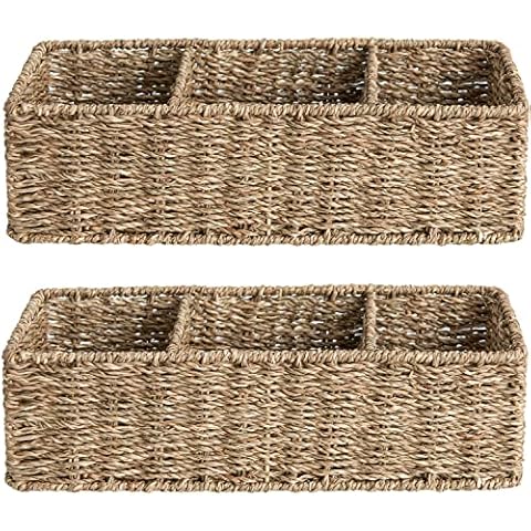 StorageWorks 3-Section Wicker Baskets for Shelves, Hand-Woven Seagrass Storage Baskets, 14.4" x 6.1" x 4.3", 2-Pack Cover