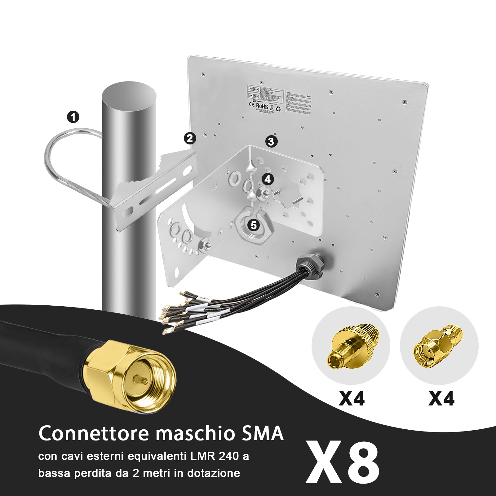Maswell Antenna esterna MIMO 4G LTE 5G 8X8, 600-8000MHz, 10dBi ad alto guadagno, con cavo coassiale professionale equivalente LMR240 per T-Mobile, Verizon, AT&T, WiFi 7 Ready