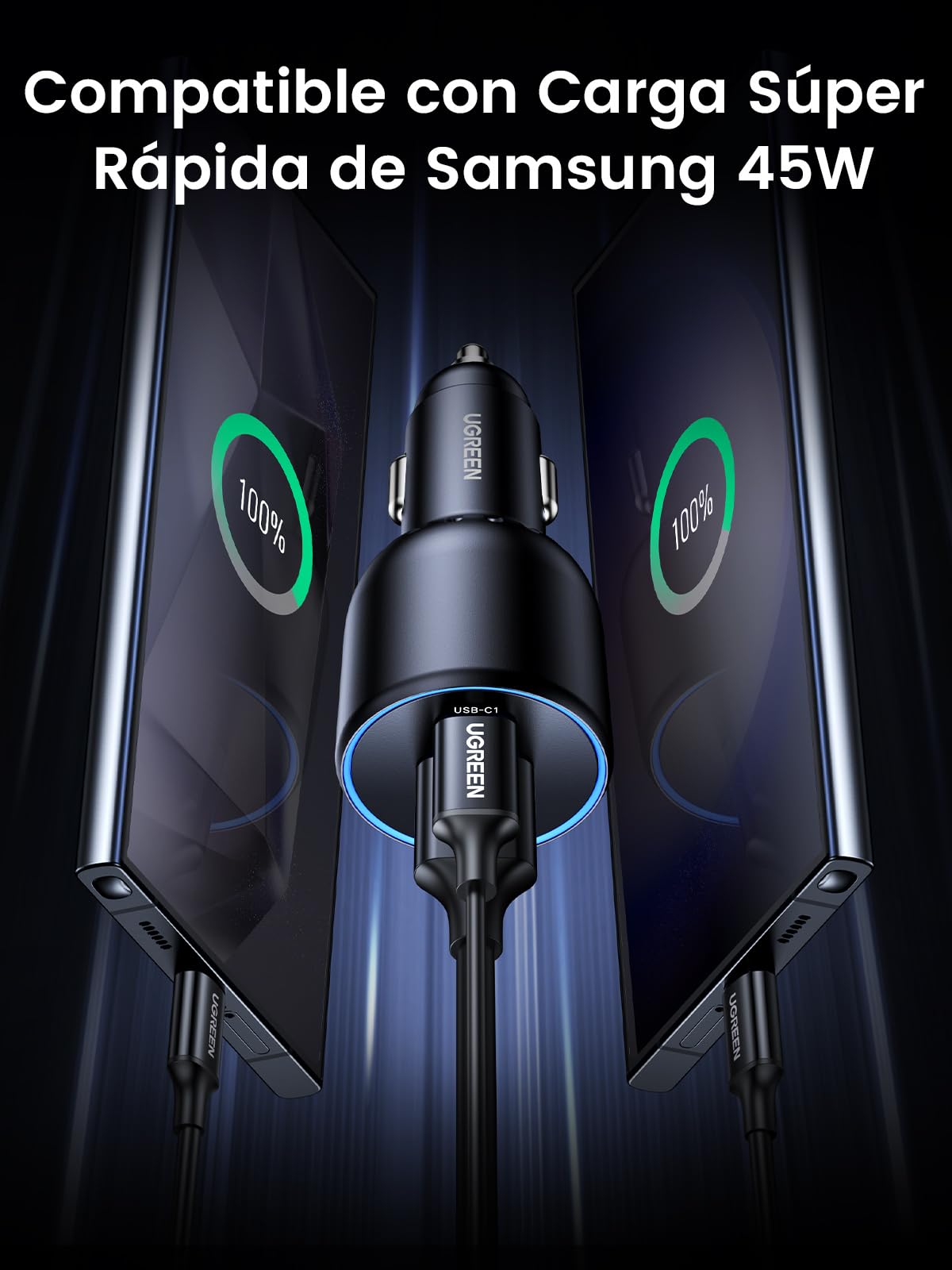 UGREEN 130W Cargador de Coche USB C, Car Charger Tipo C Carga Rápida de 3 Puertos con Cable de 100W, Compatible con iPhone 17 Pro MAX Air/16/15, Samsung Galaxy S25/S24, MacBook, iPad Pro, Air Mini