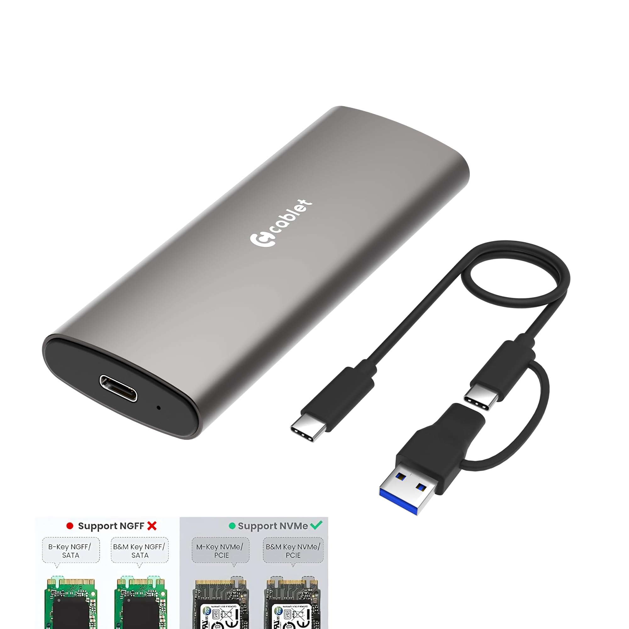 Cablet 10Gbps M.2 NVMe SSD Enclosure Adapter, Tool-Free USB C 3.1 Gen 2, for M-Key & M+B Key NVMe SSD 2230/2242/2260/2280 – Max 8TB, Aluminium Case ReakTek RTL9210 Chipset (MS901-C3)