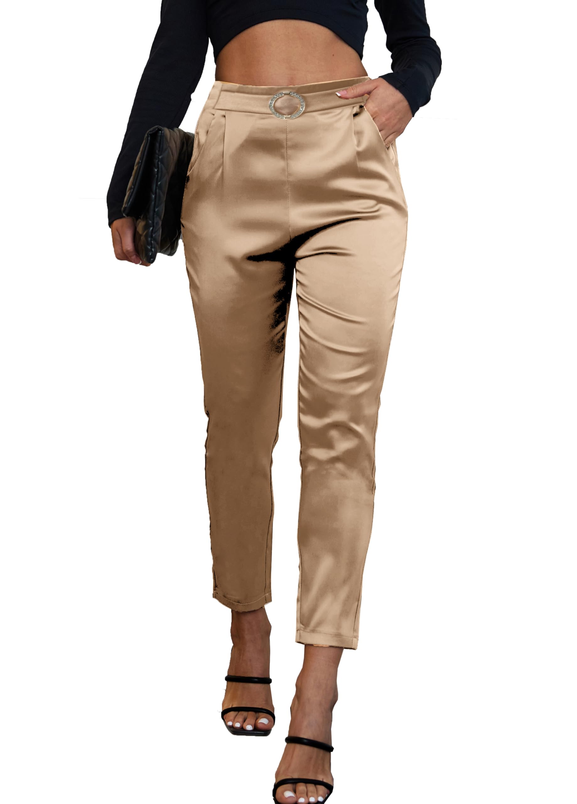 heipeiwa Women's Satin Pants Dress Casual Party Wedding Night Pull on High Waist Pants