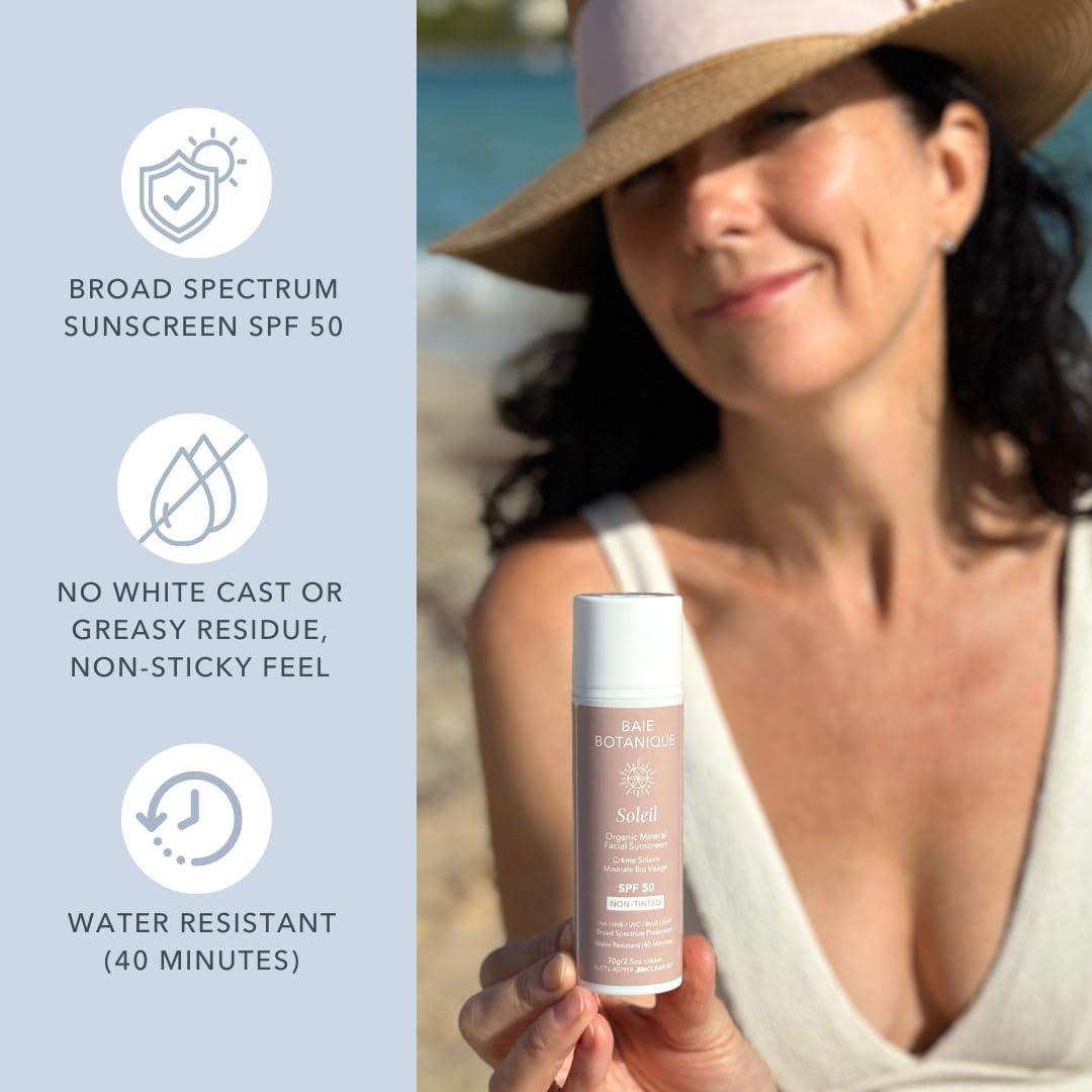 NEW SIZE - Baie Botanique Soleil Organic Facial Sunscreen SPF 50 - Chemical Filter Free Hyaluronic Acid & Vitamin C Sunscreen for Face Natural Vegan No White Cast Non Toxic UVA/UVB Protection 70g - Image 3