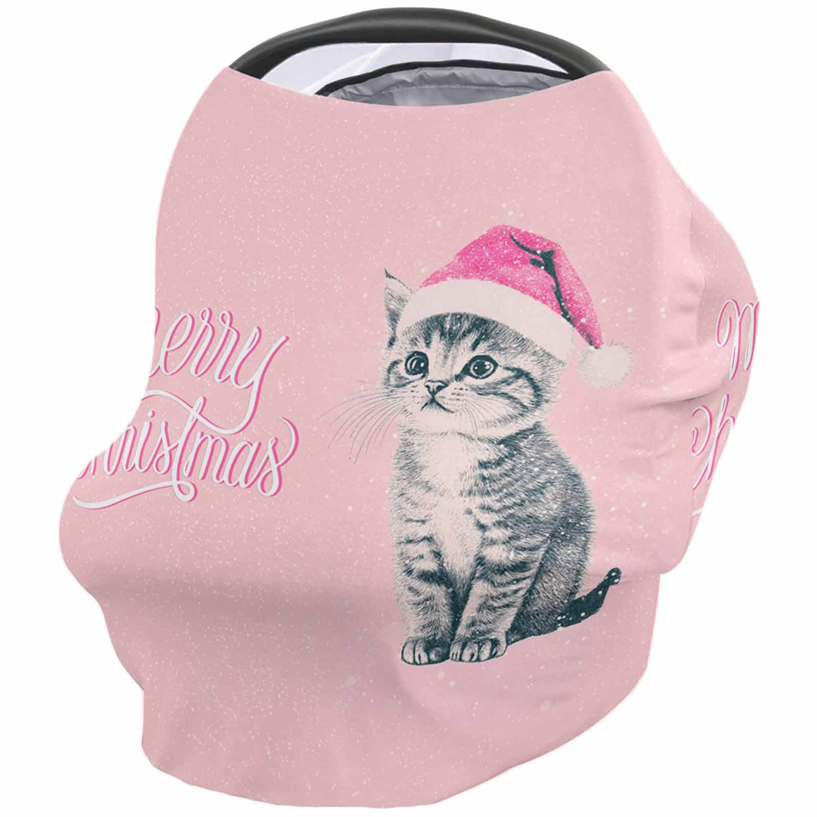 Nursing Cover for Breastfeeding Scarf, Merry Christmas Santa Hat Cat Pink Baby Car Covers Super Soft Multi Use for Canopy Shopping Cart Cover Blanket Stroller Cover