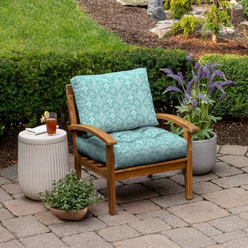 Image of Arden Outdoor Plush Modern Tufted Blowfill Deep Seat Set, 24 x 24, Rain-Proof, Fade Resistant, Deep Seat Bottom and Back Cushion, Turquoise Daphne Medallion