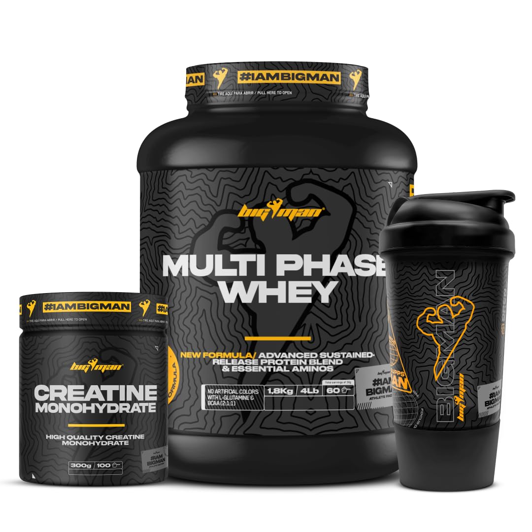 BigMan | Multi-Phase + CREATINE 300 + SHACKER | Proteína Secuencial | Proteína de Suero de Leche | Aislado de Proteína | Caseinato Calcico | Colageno | Gana Masa Muscular (Cookies)