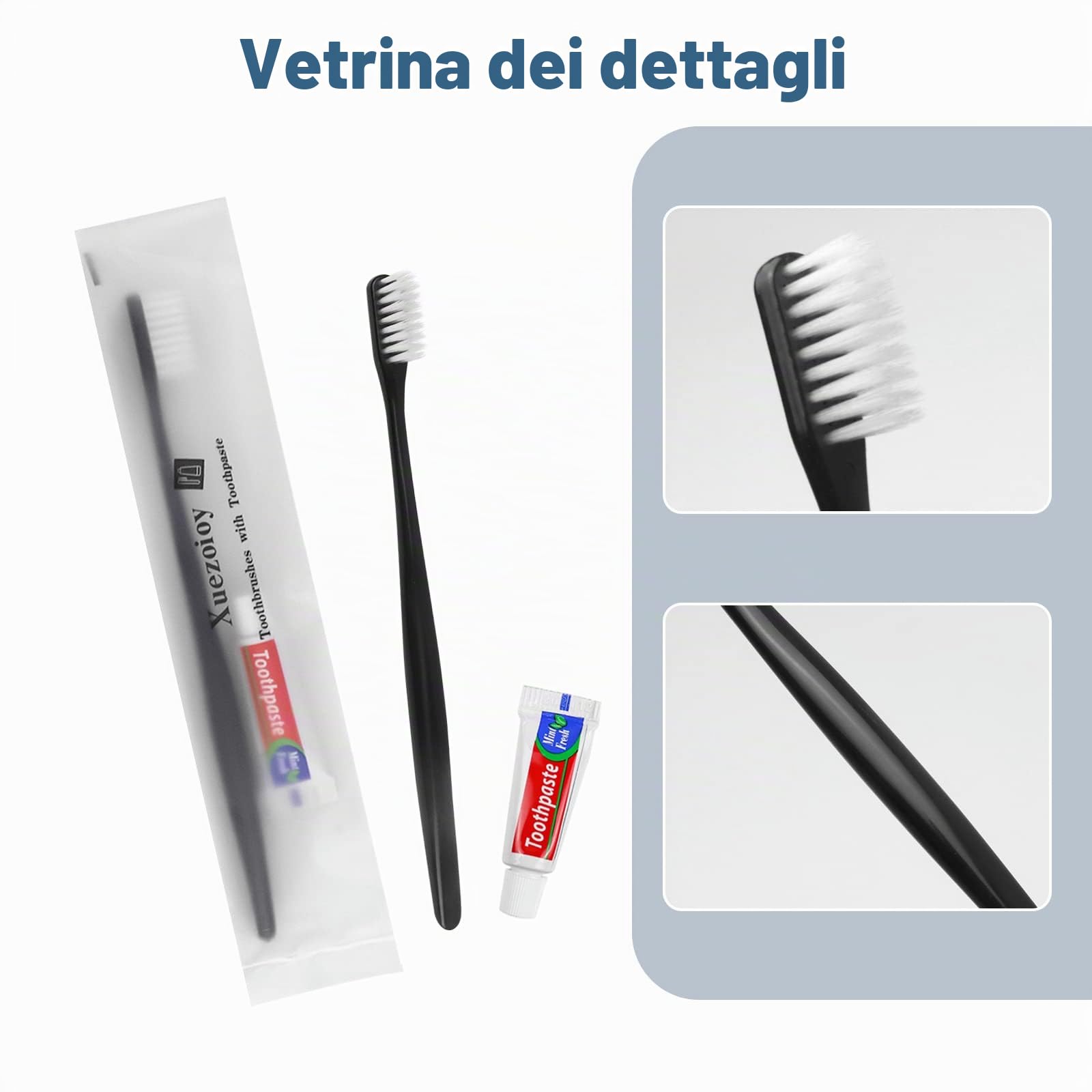 Set di 200 spazzolini da denti da viaggio neri, confezionati singolarmente, usa e getta, con dentifricio, per hotel, senzatetto, beneficenza, casa di cura