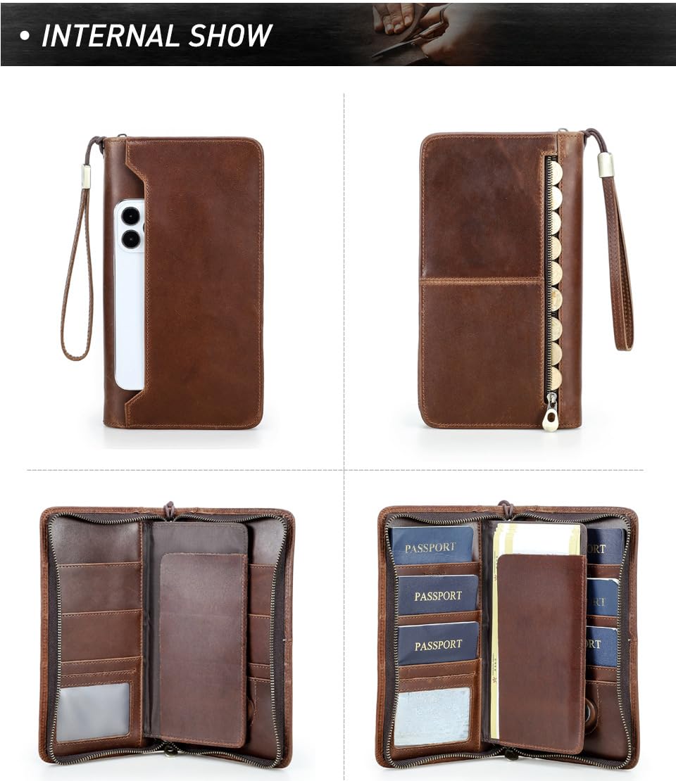 Cartera de cuero vintage para pasaporte, con bloqueo RFID, para hombres y mujeres, Brown, Vintage