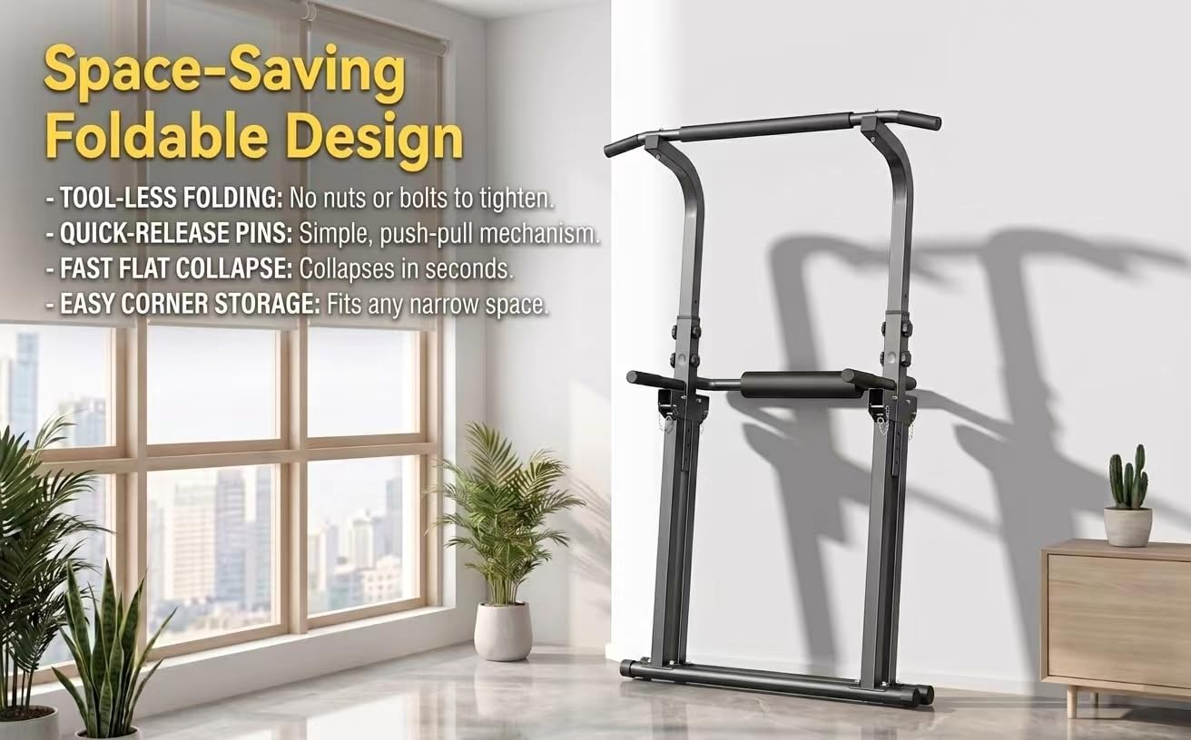 COMINGFIT Power Tower mit Klimmzugstange, klappbarer Dip-Station, und höhenverstellbarer Stange, stabile und stabile Dreiecksstruktur, Multifunktionsgeräte für Krafttraining und Heimfitness
