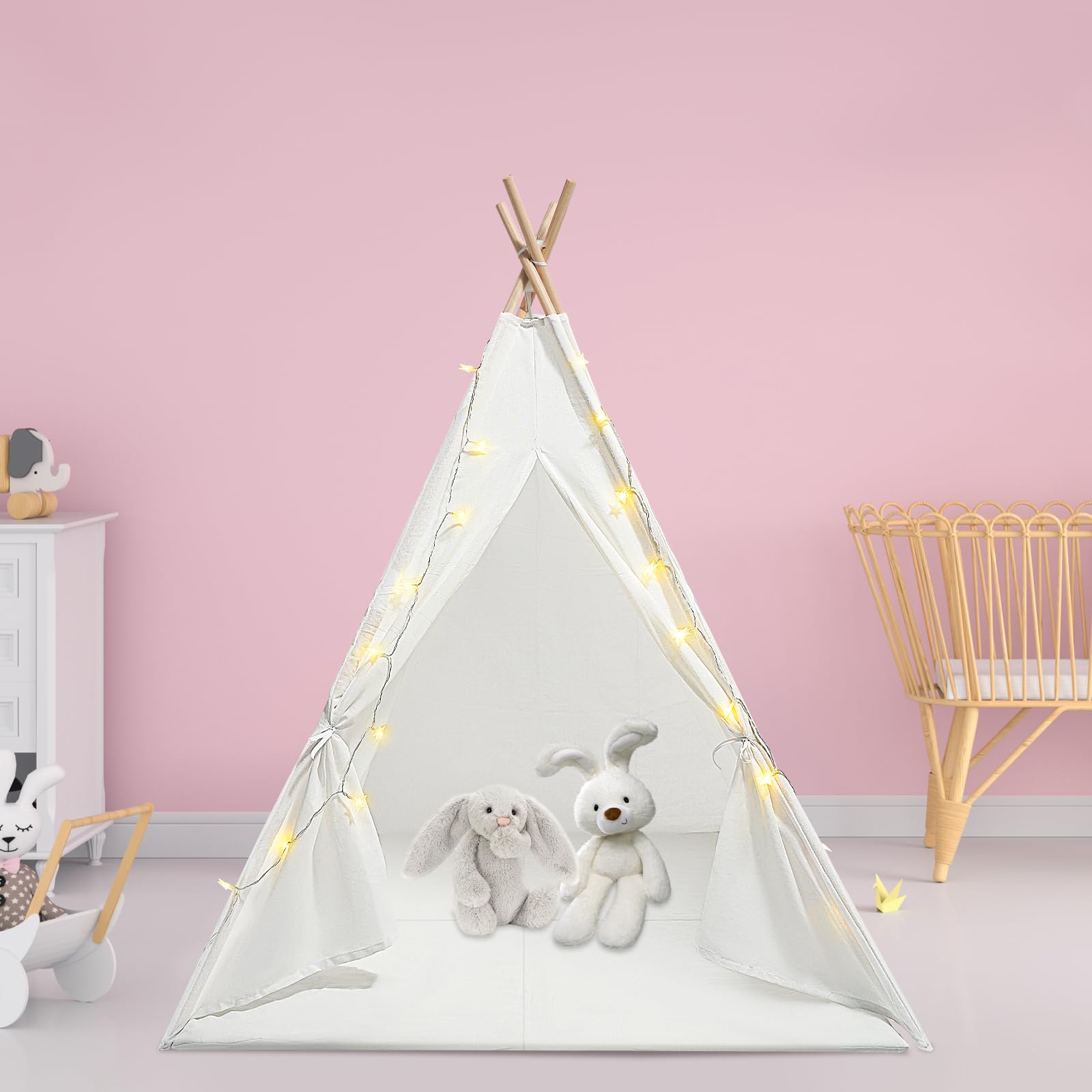 Namiot Tipi dla dzieci 120 x 120 x 140 cm – namiot dziecięcy z bawełny z matą, łańcuchem świetlnym i świecącą gwiazdą, składany namiot do zabawy wewnątrz i na zewnątrz (biały)