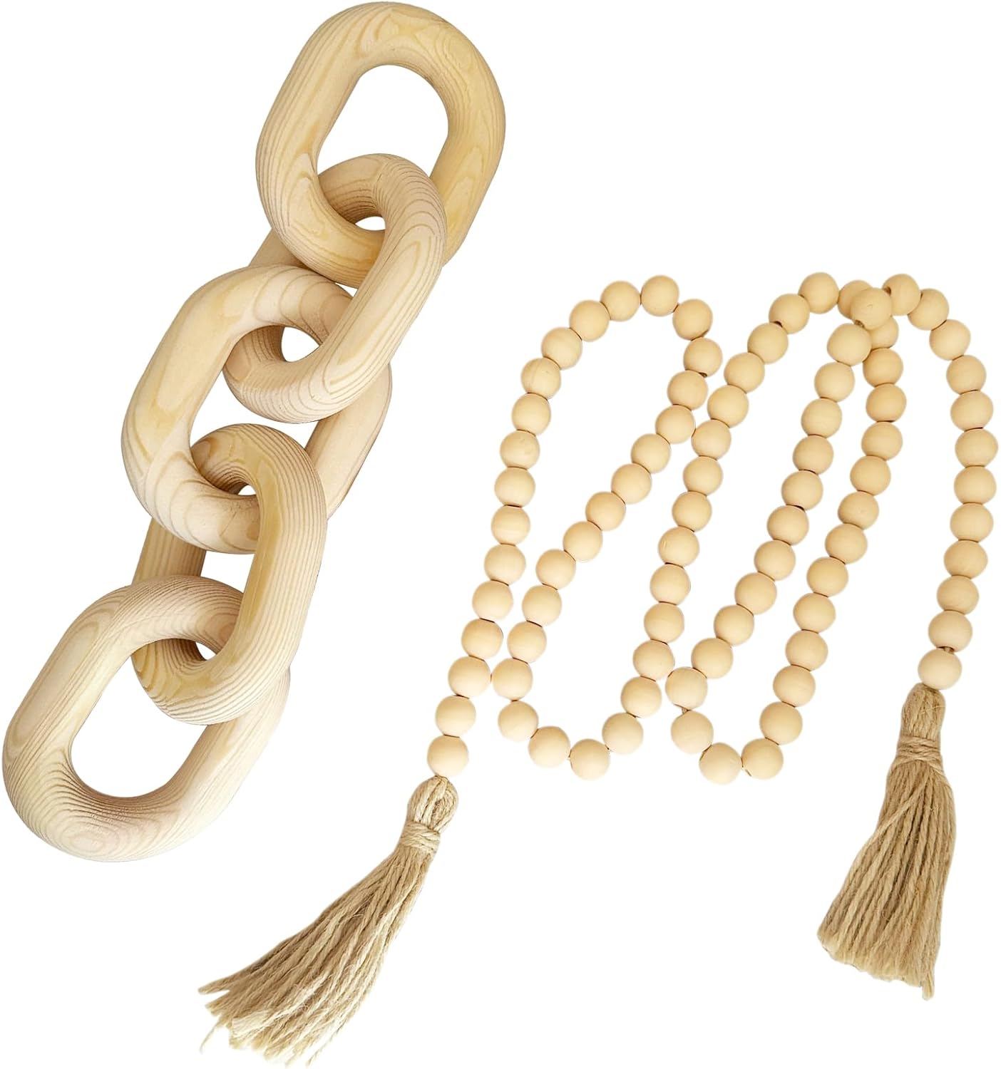 2 Pieces Decorative 5 Link Wooden Chain Decor and Bead Boho Farmhouse Rustic Home Table Decor Coffee Table Shelf Aesthetic Modern Bookshelf Table Wooden Decortion (Natural)