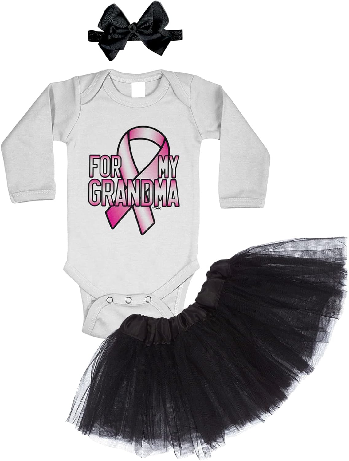 Tcombo For My Grandma - Breast Cancer Ribbon Baby Bodysuit + Tutu Skirt + Bow Headband Set