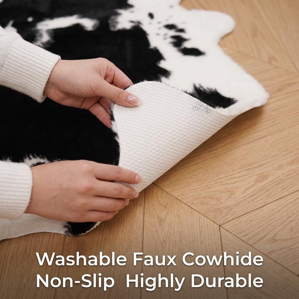 Cow Print Area Rug, Faux Cowhide Rug, Modern Farmhouse Western Living Room Bedroom Carpet Decor, Non-Slip 4'7" x 5'3"（140x160cm）