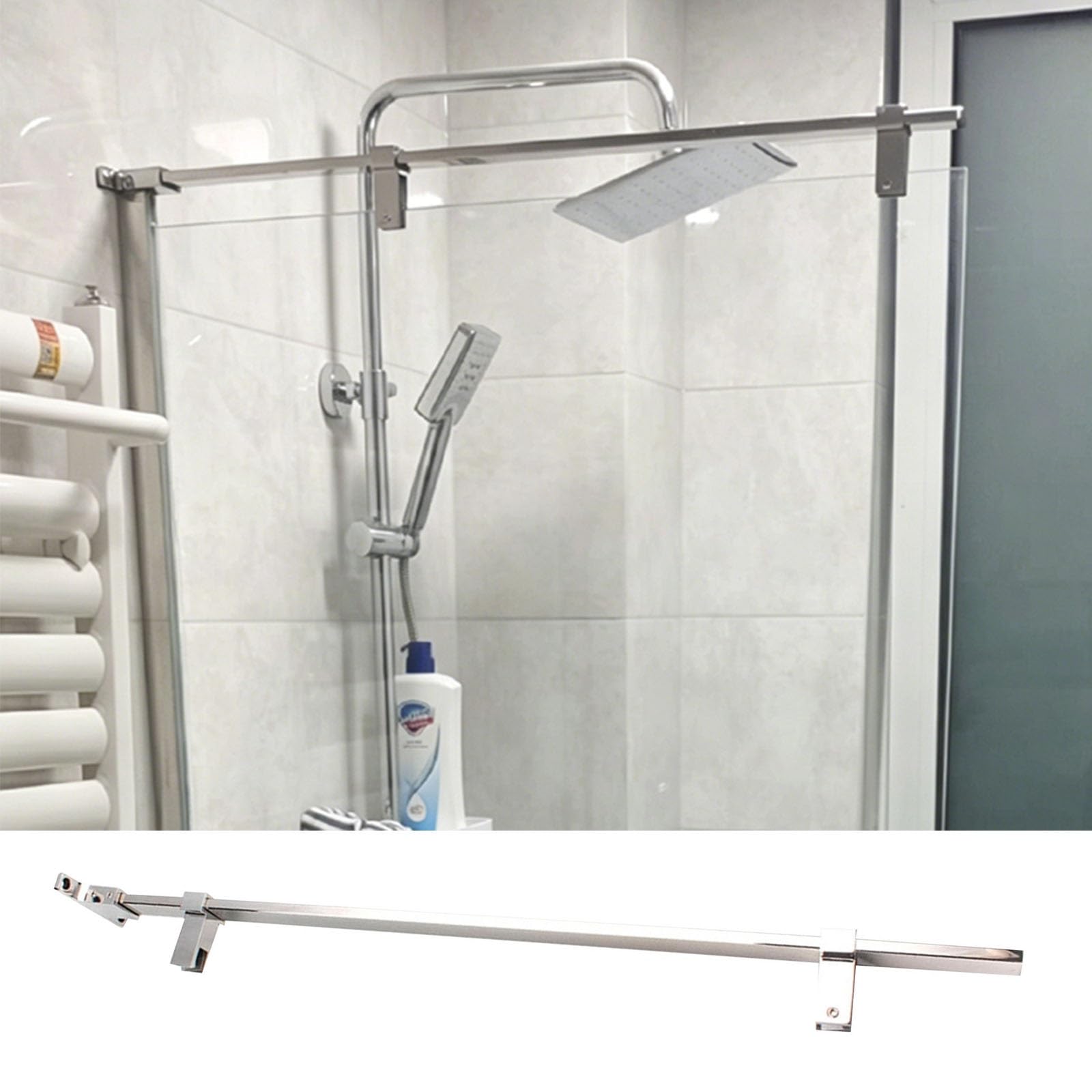 NMKSYX No Drilling in The Glass Shower Rod Stabilizer, Heavy-Duty Fashion Shower Glass Reinforce Bar, Fixed Glass Clamp Support Bracket for Frameless Shower Door(Silver,100cm(39 2/5"))