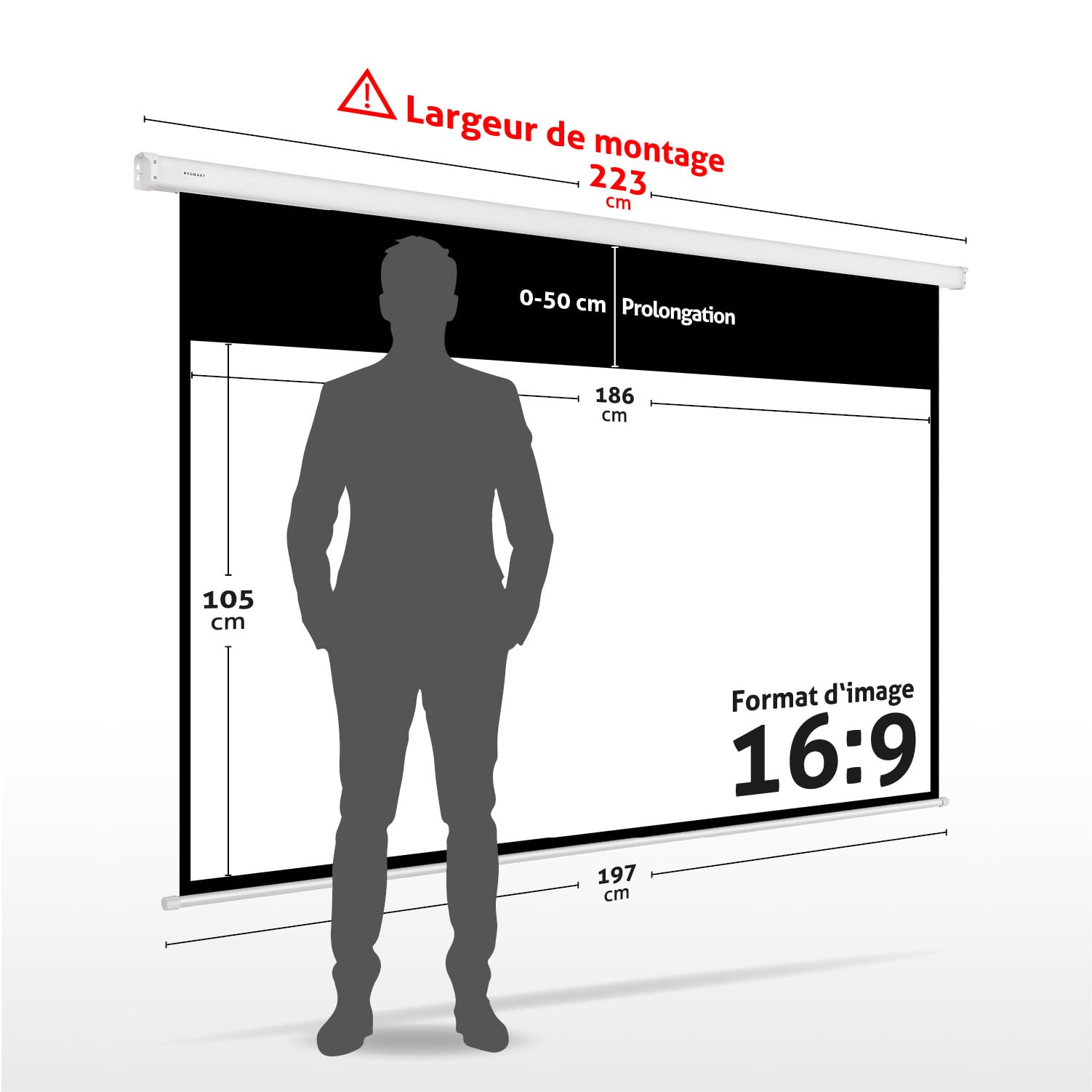 L'écran de projection motorisé ESMART MIMOTO 84 pouces (16:9) offre une surface de visualisation de 186 x 105 cm.