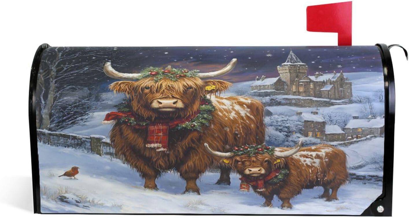 ALAZA Christmas Highland Cow Magnetic Mailbox Cover MailWraps Garden Yard Home Decor for Outside Oversized-25.5" x20.8"
