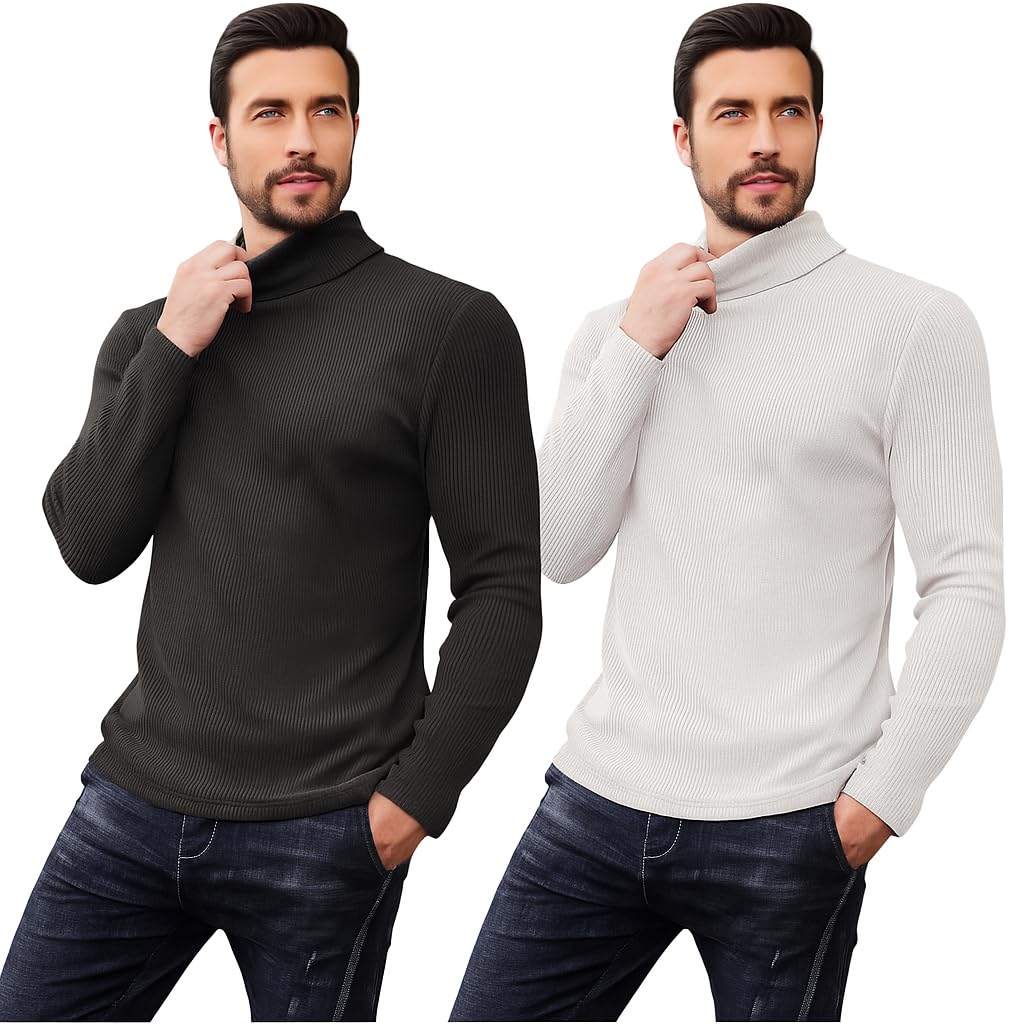 Men Striped High Neck Sweater | Winter Solid Pullover for Men | Soft Knit Full Sleeve Warm Sweater for Casual and Office (Black and White Pack of 2)-image-29