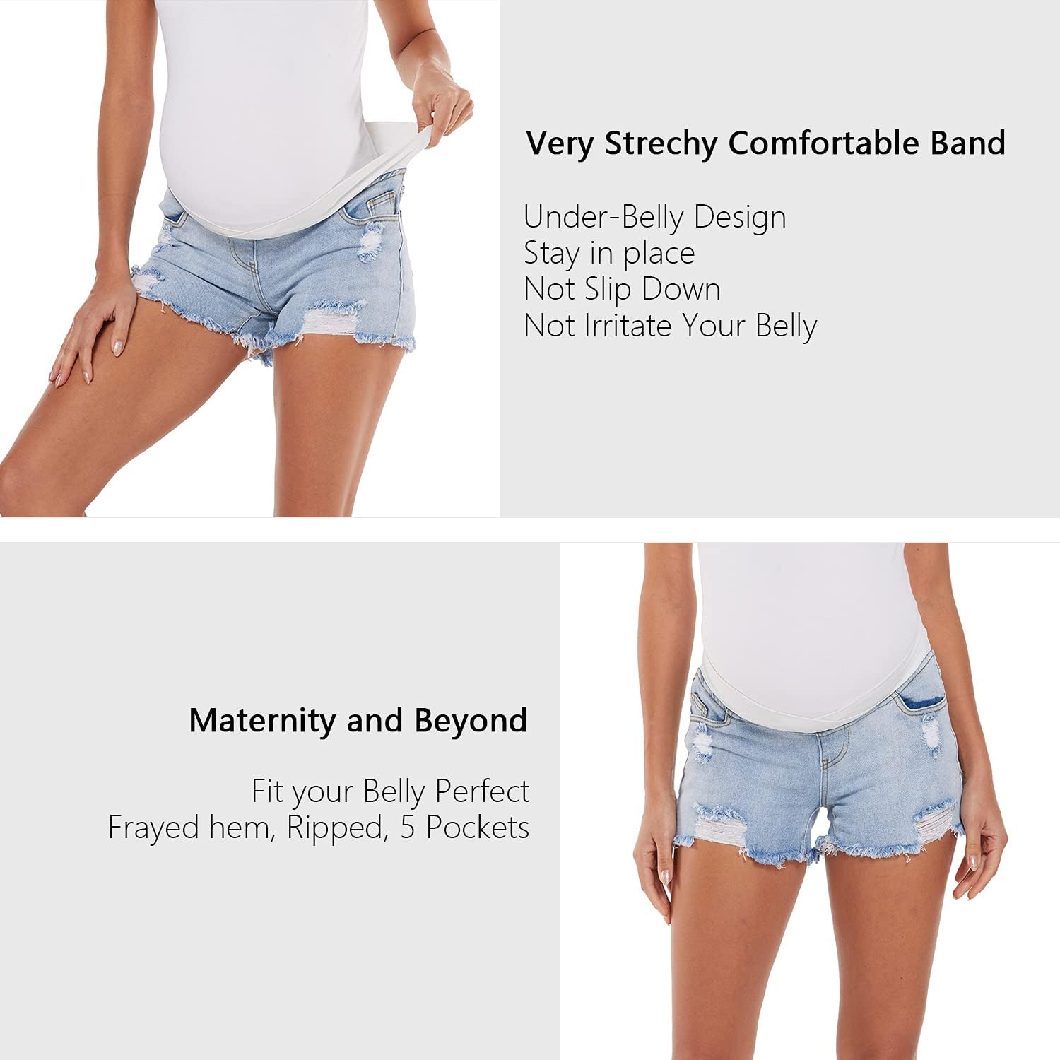 SizM.....VOCNI Maternity Jean Shorts Women's Maternity Indigo Blue Mom Tassel Secret Underbelly Denim Shorts