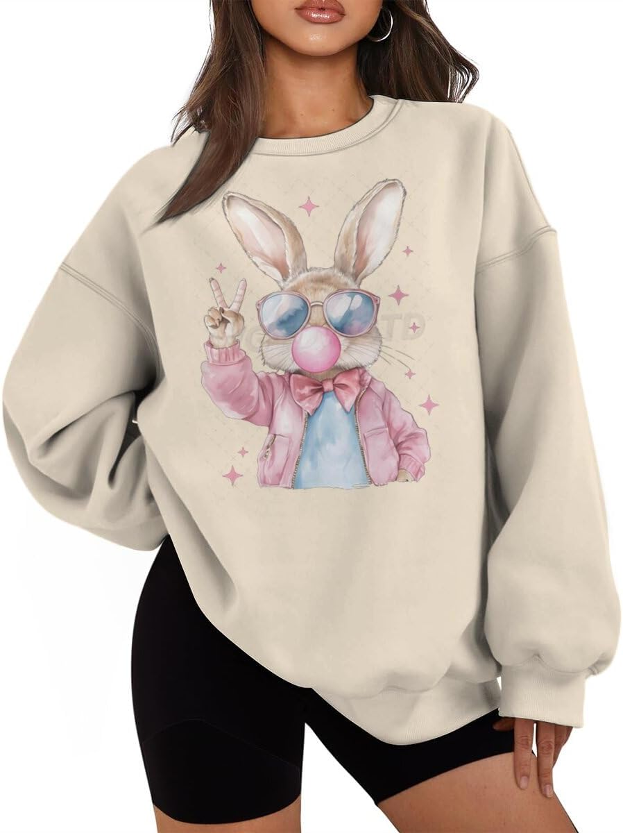 ROSSOSSOR Women’s Easter Bunny Sweatshirts: Oversized Graphic Tees with Long Sleeves in Plus Sizes