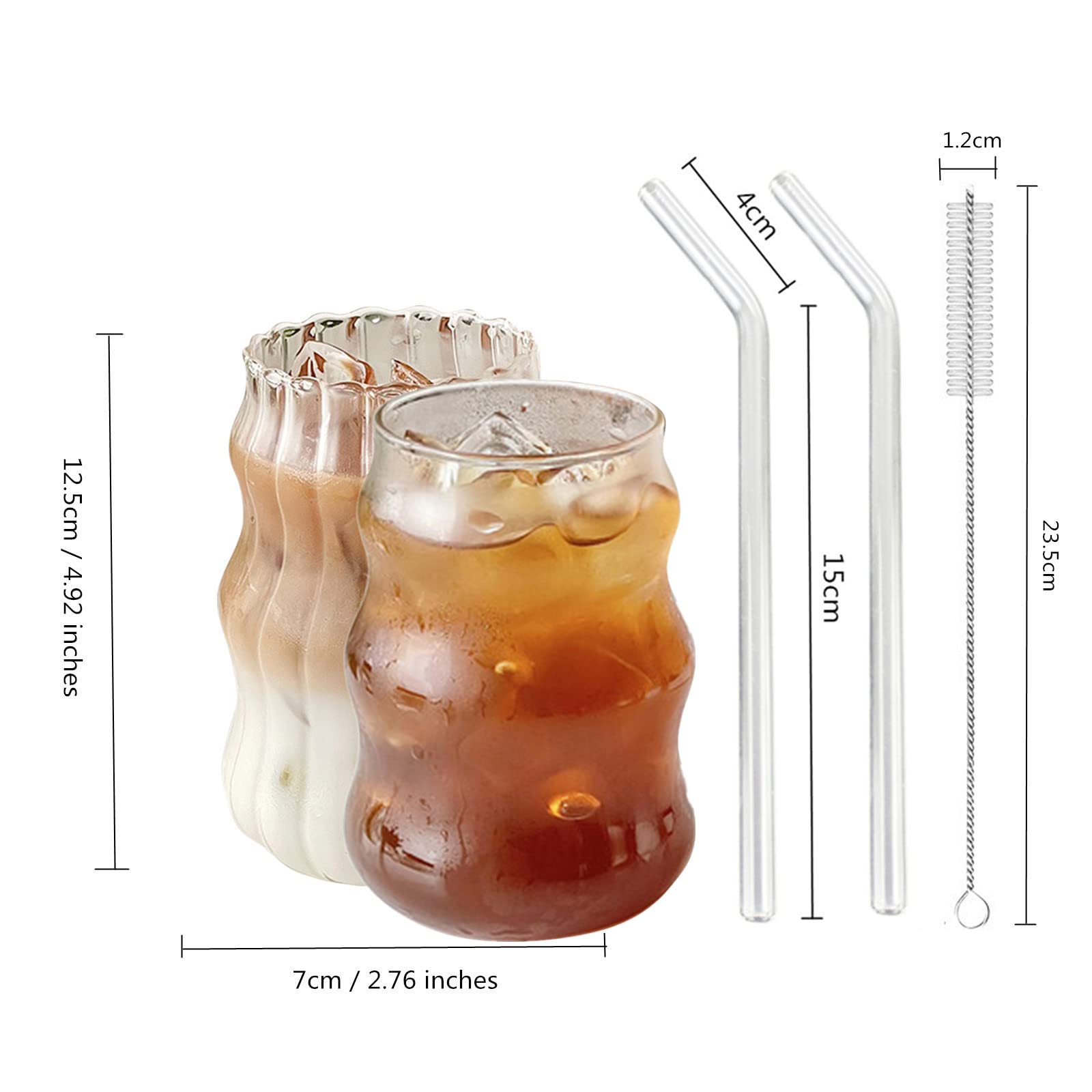 Iced Coffee Cup with Straw 2 Pack 18oz Glass Clear Ripple Coffee Mug with Glass Straw and Cleaner Brush Ribbed Glassware Smoothie Cup Water Glasses