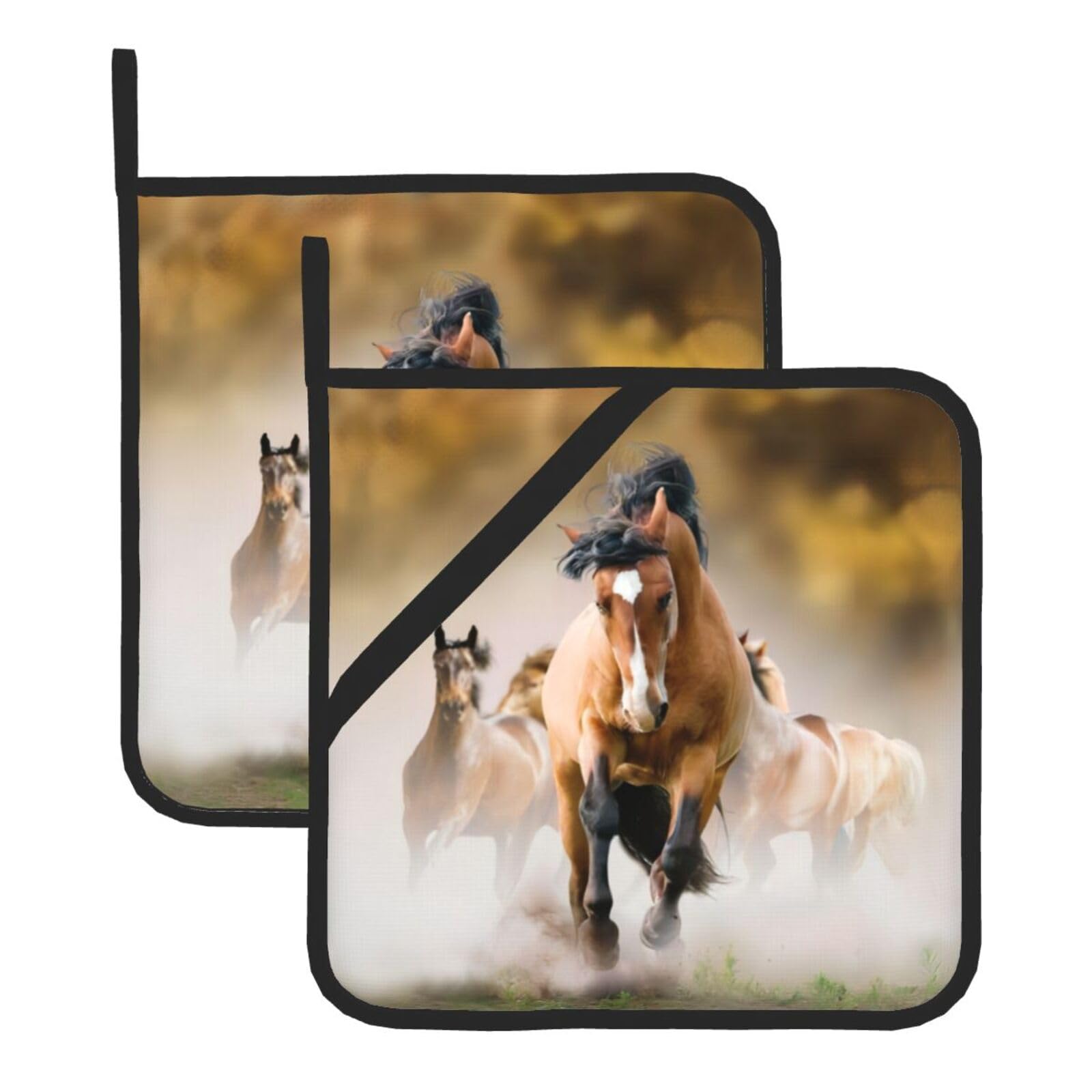 WHJSSF Horses Prints Square Pot Holders - Heat Resistant Kitchen Trivets 2-Pack - Waterproof Covers for Hot Dishes, Oven & Grill with Hanging Loop