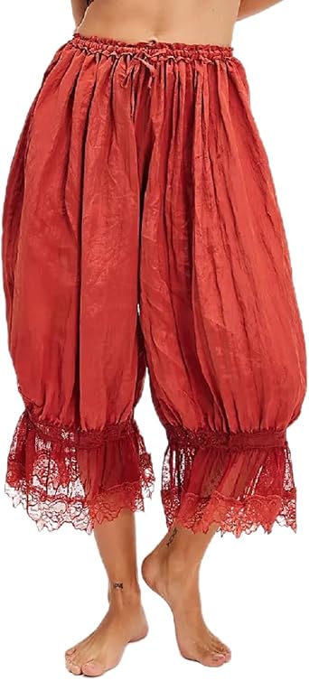 Women Lace Trim Pettipants Ruffle Pumpkin Pants Bloomers Vintage Long Pantaloons Wide Leg Lounge Capris Slip Pants