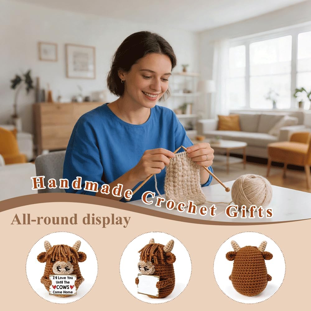Funny Positive Crochet Highland Cow, Inspirational Cow Gifts | Appreciation Present for Coworker Friends Teacher Family, with Love Quote Card for All Occasion