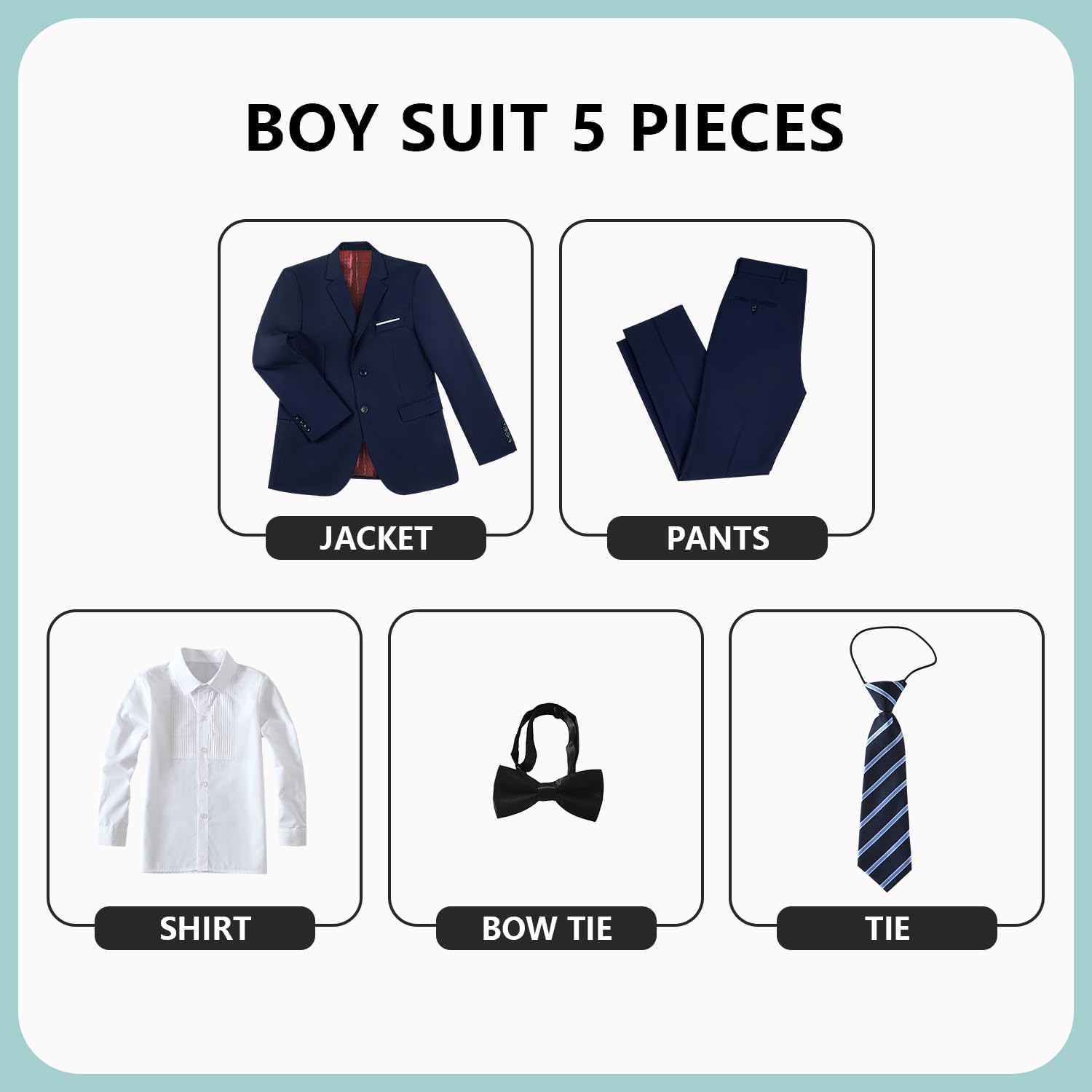 JPF Boys Formal Suits Slim Fit 5 Piece Kids Suit Jacket Pants Set with Dress Shirt and Tie for Wedding Prom - Image 2