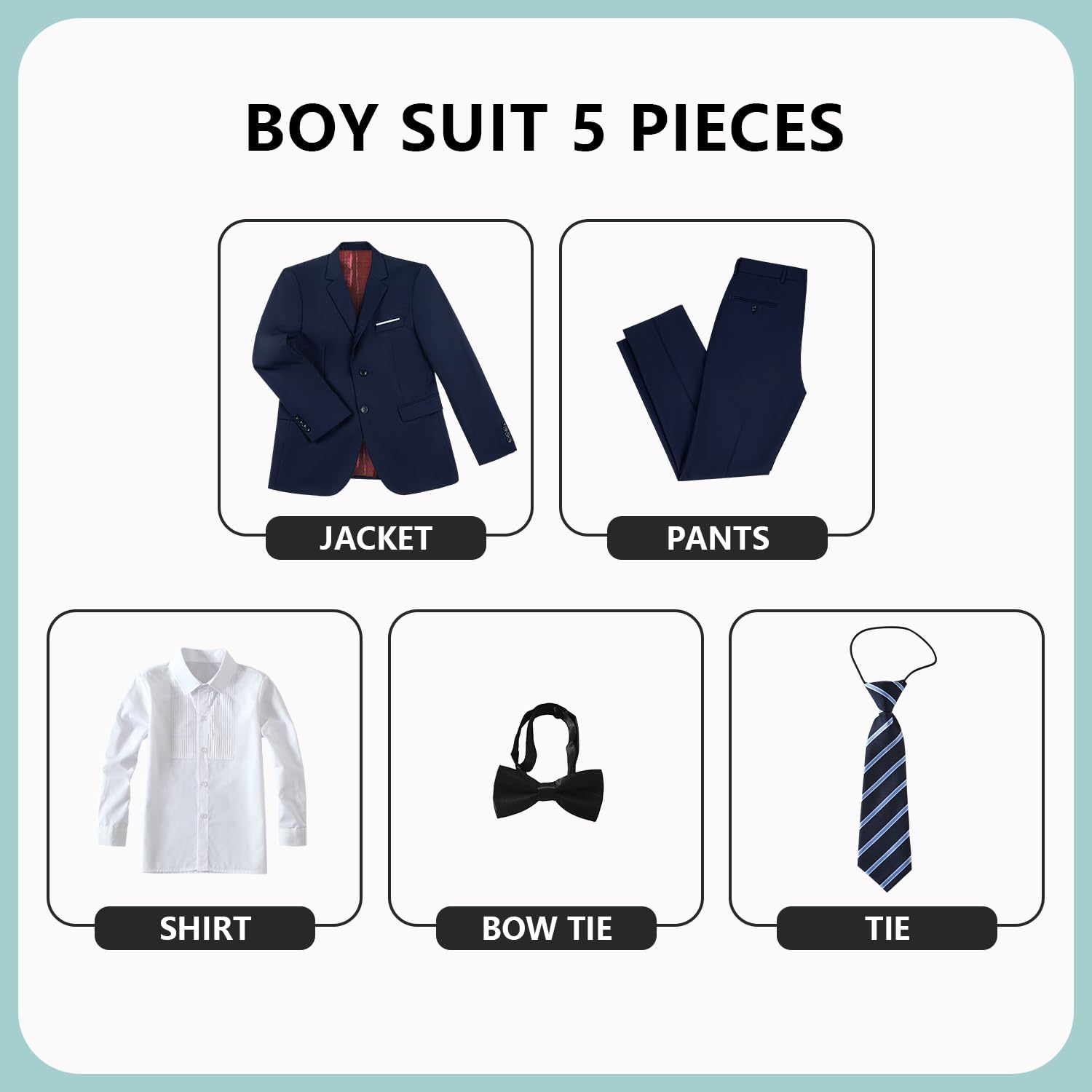 JPF Boys Formal Suits Slim Fit 5 Piece Kids Suit Jacket Pants Set with Dress Shirt and Tie for Wedding Prom