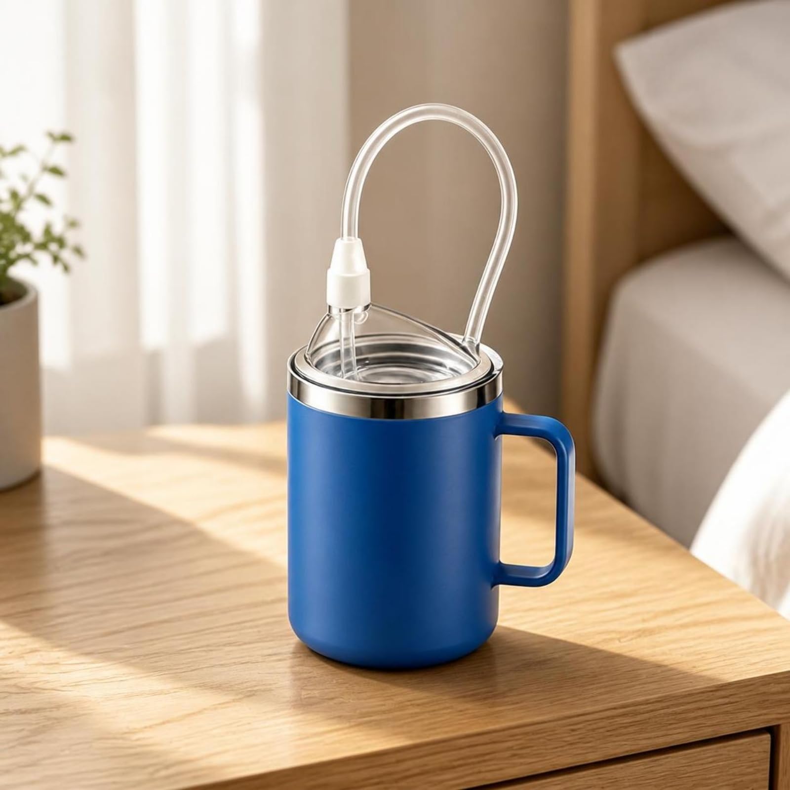 Gobelet avec Paille sans BPA Vaisselle, Rose, Rose, 520ml | Poignée Incurvée Ergonomique, Tasse avec Couvercle, En Acier Inoxydable, pour Hôpital, Adultes Alités