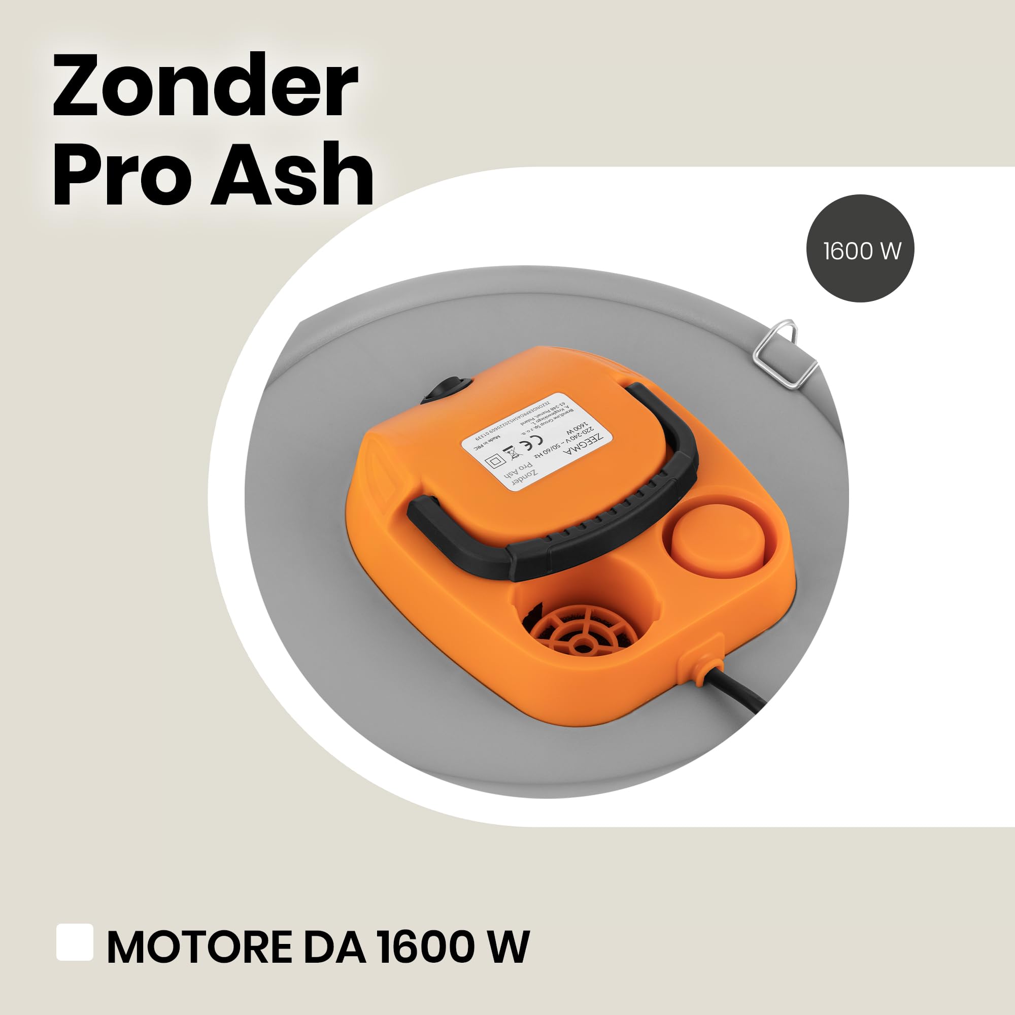 Zeegma ZONDER PRO ASH Aspirapolvere a secco per cenere e detriti, aspirapolvere industriale 1600 W, contenitore in acciaio inox 20 l, filtro HEPA, funzione di scarico cavo 5 m
