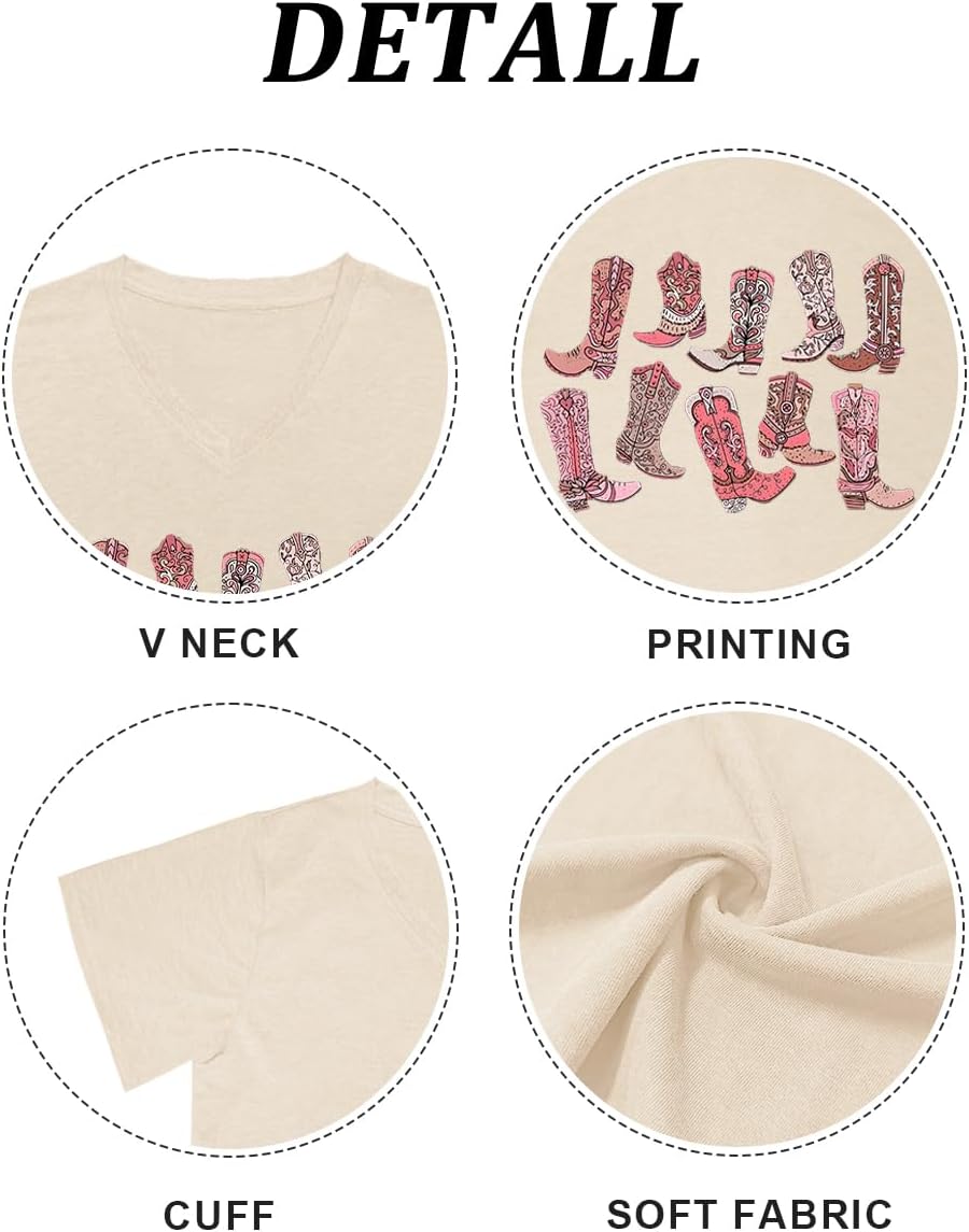 Western Country Shirt for Women Cowgirl Cartoon Boots V Neck Short Sleeve Tops Vintage Cowboy Graphic Tees - Image 5
