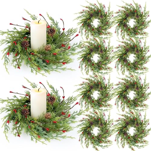 Image of 8 Pcs Artificial Christmas Candle Rings 9 Inch Cedar Pine Garland Wreaths with Red Berries Pinecones Wreaths Pine Needles Candle Ring Holder for Christmas Winter Decorations Table Centerpiece